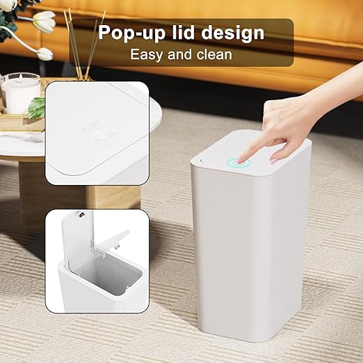 N. NETDOT 3 Pack 10L / 2.6 Gallon Small Trash Can with Lid,Bathroom Garbage Can with Pop-Up Lid,Waste Basket for Bathroom,Kitchen,Bedroom,Powder Room,Office,College (Black-Grey-Off White)