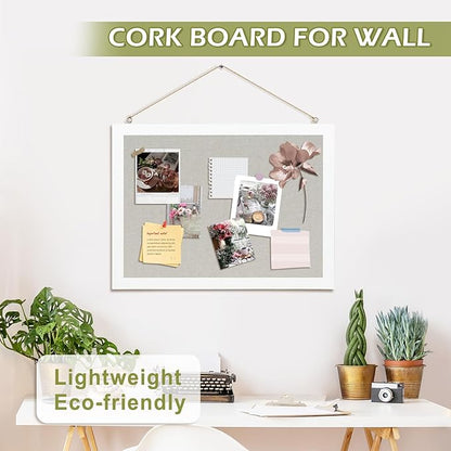 2-Pack Double-Sided Cork Board with Linen, 16" x 12" Hanging Wood Framed Bulletin Board, Picture Display Vision Board Kit Corkboards for Wall School Office Decor, 20 Pushpins (Vintage White)