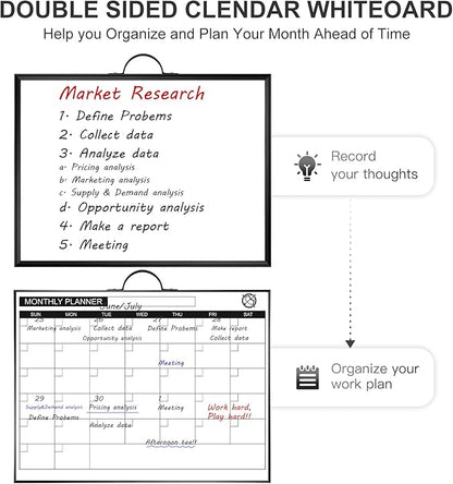 ARCOBIS Monthly Calendar Whiteboard - 12" x 16" Double-Sided Magnetic Dry Erase Board with Black Frame - Portable Wall Hanging Planner for Home, Office, School