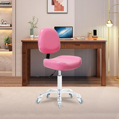 Vanity Rolling Chair Esthetician Shop Stool with Wheels,Ergonomic Lash Armless Office Chair, Desk Chair for Makeup Bedroom Classroom (Pink)