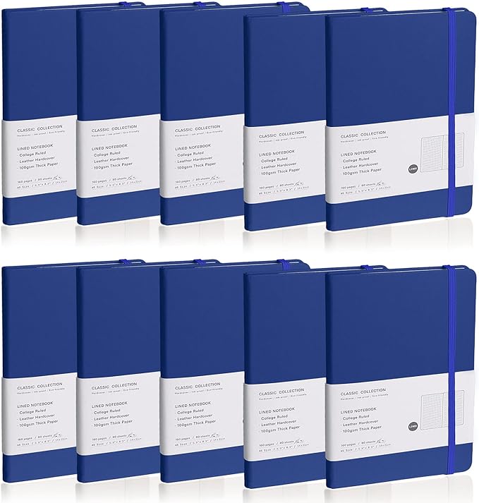 Lined Journal Notebook, 10Pack(Blue), 160 Pages, Medium 5.7 inches x 8 inches - 100 gsm Thick Paper, Hardcover