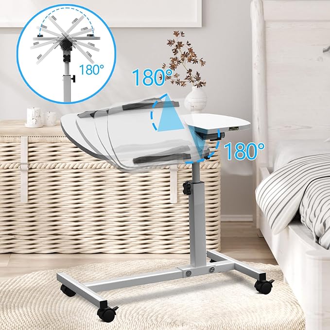 Multifunctional Height Adjustable Table with Wheels | Ultimate Single Workstation, Study Desk, Bedside Table, Recliner Tray Table, Presentation Cart and Laptop Stand | Tilting Tops (Pine White)