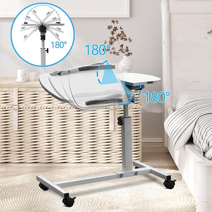 Multifunctional Height Adjustable Table with Wheels | Ultimate Single Workstation, Study Desk, Bedside Table, Recliner Tray Table, Presentation Cart and Laptop Stand | Tilting Tops (Pine White)