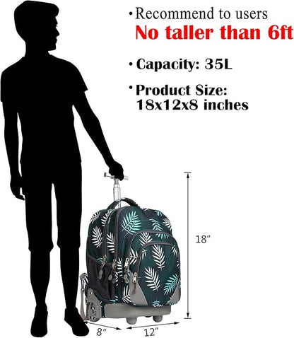 18 inches Wheeled Rolling Backpack Multi-Compartment College Books Laptop Bag, Leaves.