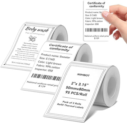 3 Rolls Labels for NIIMBOT B1 B21 B3S K3 Label Maker, 2'' x 3.15'' (50x80mm) Printer Labels, Food Labels for Jars, Personalized Editable Labels for Home/School/Office