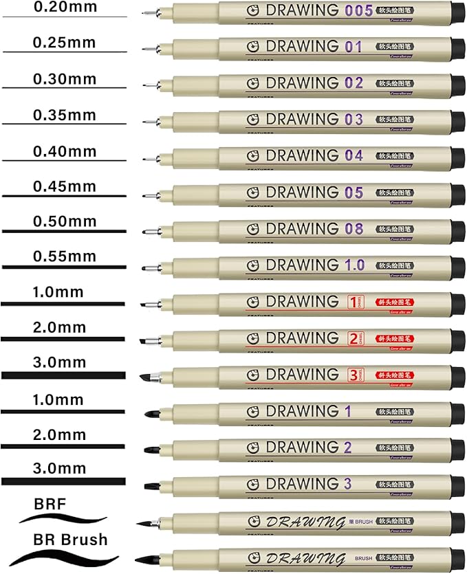 Muchcute Micro Fineliner Drawing Art Pens: 16 Black Fine Line Waterproof Ink Set Artist Supplies Archival Inking Markers Liner Professional Sketch Outline Anime Sketching Watercolor Zentangle Stuff
