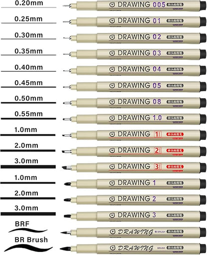 Muchcute Micro Fineliner Drawing Art Pens: 16 Black Fine Line Waterproof Ink Set Artist Supplies Archival Inking Markers Liner Professional Sketch Outline Anime Sketching Watercolor Zentangle Stuff