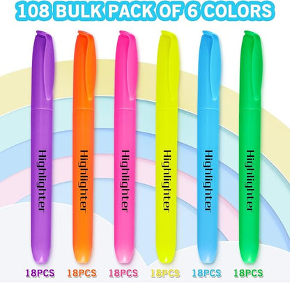 Highlighters, Chisel Tip Dry-Quickly Highlighter Markers, 108 Count-6 Assorted Colors Highlighters Bulk Pack for Adult Kids, Office Classroom Must Have, School Supplies for Teachers