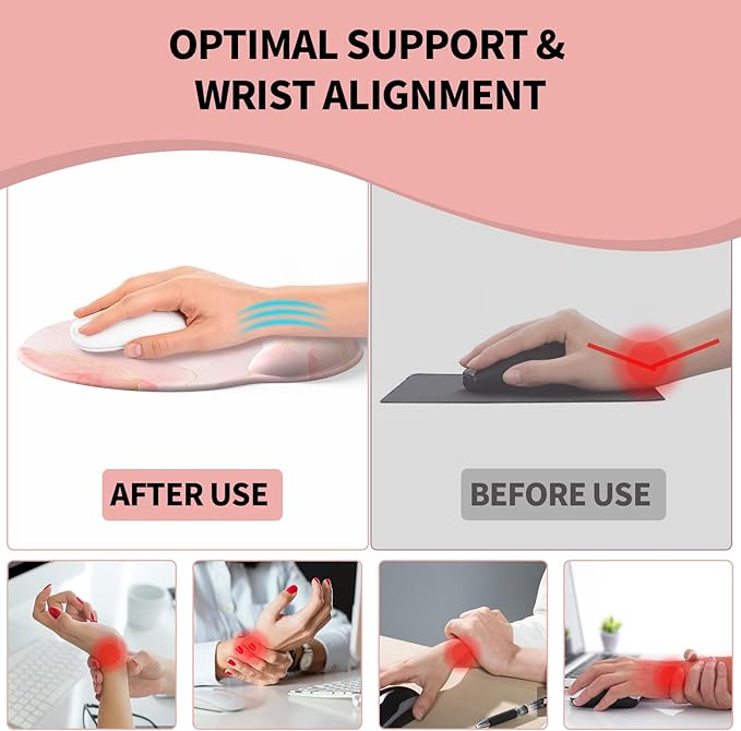 eulps Mouse Pad with Wrist Rest, Comfortable Computer Mousepad with Gel Wrist Support Smooth Surface and Non-Slip PU Base for Pain Relief, Laptop, Office & Home (Pink Marble)