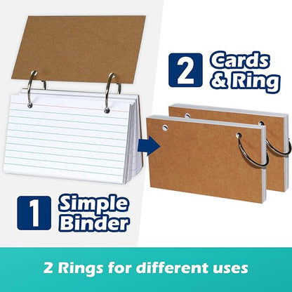 Olivo Index Card Binder Refills, White 3x5 Lined Index Cards with Ring, 2 Holes Punched, 100 Count