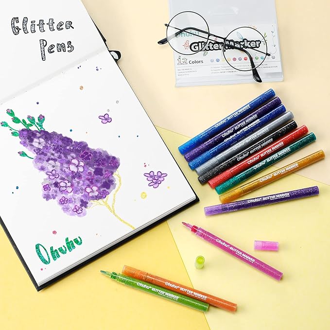 Ohuhu Glitter Markers Pen 12 Glitter Colors Metallic Shimmer Marker Fine Point Tip Water-based Ink for Kids Adults DIY Crafts Greeting Birthday Cards Making Poster Album Scrapbooking Mugs Wood