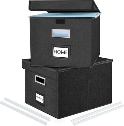 Upgraded File Organizer Boxes with Lids, Huolewa Collapsible Linen Hanging Filing & Storage Boxes with Plastic Slide for Office/Decor/Home, Filling System for File/Folders/Document Storage -2 Pack