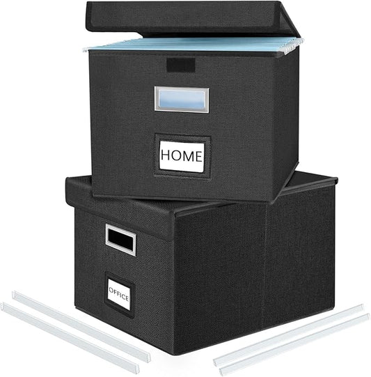 Upgraded File Organizer Boxes with Lids, Huolewa Collapsible Linen Hanging Filing & Storage Boxes with Plastic Slide for Office/Decor/Home, Filling System for File/Folders/Document Storage -2 Pack