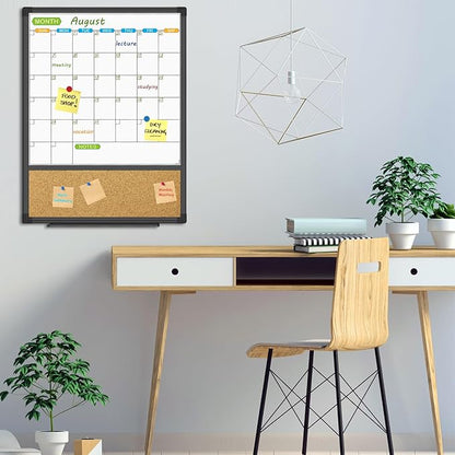 JILoffice Magnetic Calendar Whiteboard & Bulletin Corkboard Combination, Combo Board 20 x 28 Inch, Black Aluminum Frame Wall Mounted Board for Office Home and School with 10 Push Pins