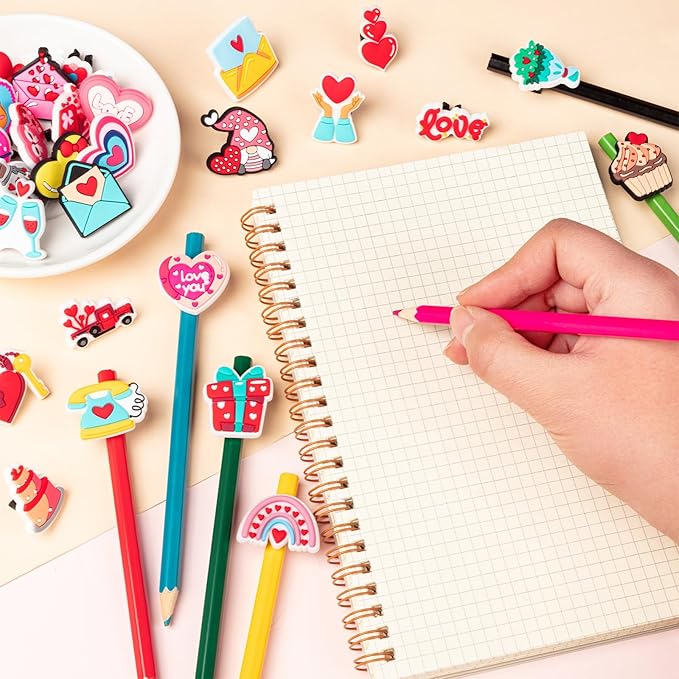 WDAHDHP Valentine's Day Pencil Clips for Kids, 50Pcs Different Pencil Clips Topper, Cute Pencil Charms for Kids Students School Gifts Classroom Rewards