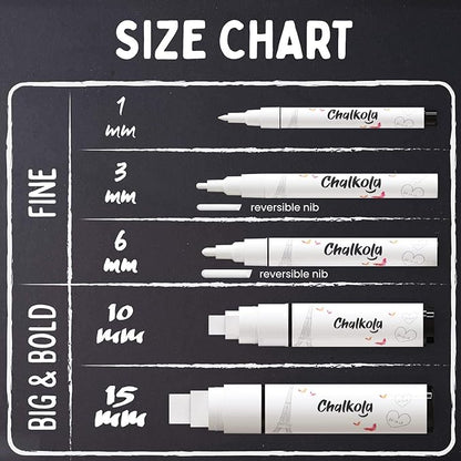 Chalkola 5 White Chalk Markers for Chalkboard Signs, Blackboard, Car Window, Bistro, Glass | 5 Variety Pack - Thin, Fine Tip, Bold & Jumbo Size Erasable Liquid Chalk Pens (1mm, 3mm, 6mm, 10mm, 15mm)