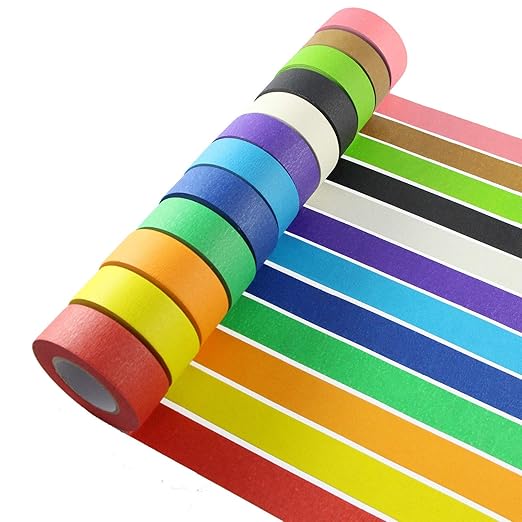 Feeke Colorful Masking Tape,Decorative Colored DIY Tape for Arts & Crafts, Labeling or Coding - Art Supplies for Kids - 12 Different Color Rolls, 1 Inch x 16 Yards, Small