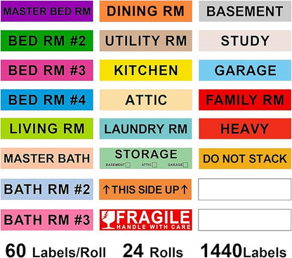 1440 Count Home Moving Labels,24 Rolls Different Color Coding Moving Labels for Boxes Stickers + Fragile Moving Stickers + 2 Blank Label roll is for Customized use-Moving-Labels