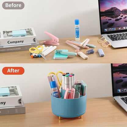 Desk Pencil Pen Holder, 5 Slots 360°Degree Rotating Organizers for, Desktop Storage Stationery Supplies Organizer, Cute Cup Pot Office, School, Home, Art Supply, Blue