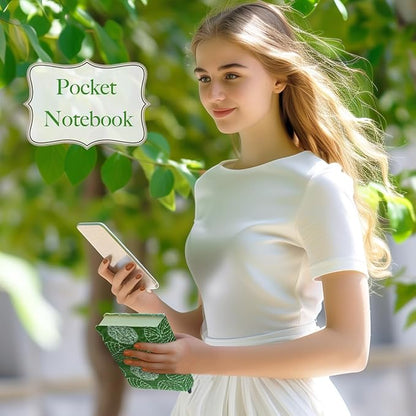 Embroidered Mini Notebook for Girl, Small Fabric Hardcover Journal, A6, 264 Pages, 4x6 Lined Notebook & unlined Sketchbook, Cute Diary, Pocket Notepad Kids Journal, Green Leaf.