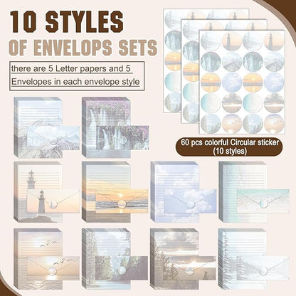 TaoBary 160 Packs Stationery Paper Set (50 Double Sided Stationery Writing Papers 50 Matching Envelopes) 60 Round Dot Sticker, 10 Design (8.5 x 11 Inch,Natural Scenery)