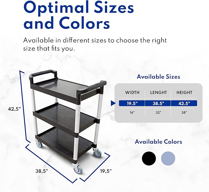 New Star Foodservice 54545 250-Pound Plastic 3-Tier Utility Bus Cart with Locking Casters, 32" x 16" x 38", Gray