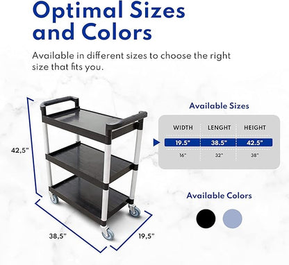 New Star Foodservice 54545 250-Pound Plastic 3-Tier Utility Bus Cart with Locking Casters, 32" x 16" x 38", Gray