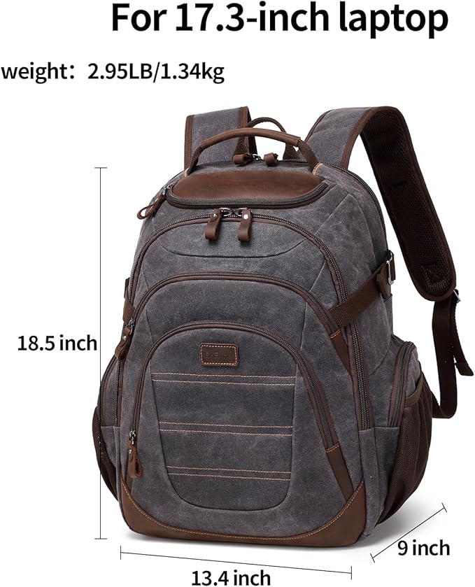 Travel Laptop Backpack 17.3 inch XL Computer Backpack for Men Waxed Canvas College Daypack Business Backpack Black Gray