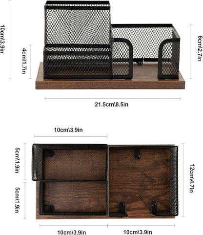 Antique Wood & Mesh Pen Holder Office Supplies Caddy, Storage Baskets for Desktop Accessorieswith Sticky Notes Holder,3 Compartments(2 Pack Black)