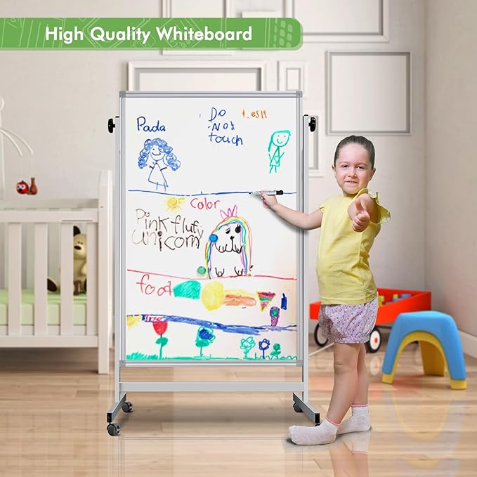 Mobile Whiteboard 32 x 48 inches Height Adjustable Dry Erase White Board, Standing Easel Whiteboard on Wheels, Double-Sided Magnetic Whiteboard with Stand for Office, Home, and Classroom