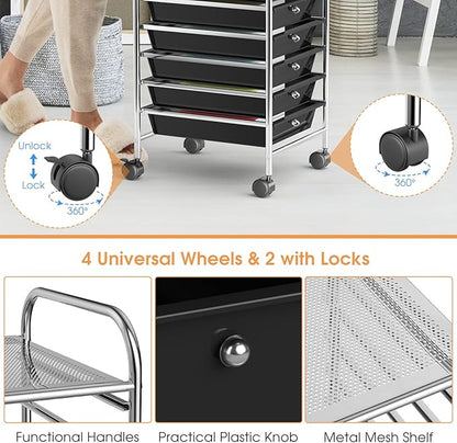 Storage Cart, Rolling Utility Cart with 10 Drawers, Portable Handles & Lockable Wheels, Mobile Paper Toys Storage Organizer Large Capacity for Home Office School Teacher (Black)