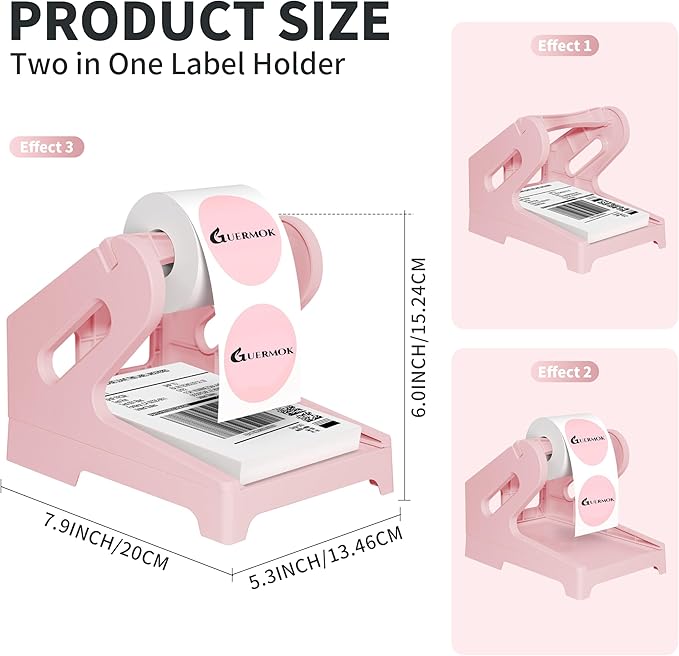 Guermok Thermal Shipping Label Holder for Rolls & Fan-Fold, Fragile Stickers for Shipping, Label Stand Desktop Printer Holder-Home Office Accessory Sticker Dispenser for Holographic (Pink)
