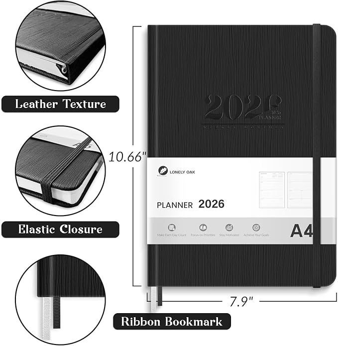 2026 Planner, Large Weekly and Monthly Planners, A4 Faux Leather Daily Calendar 2026 Planner, 12 Month Agenda from Jan. to Dec., Hardcover Habit Tracker Journal(Black)