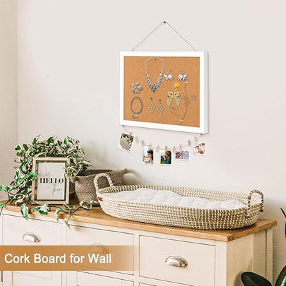 Double-Sided Cork Board for Wall, 16" x 12" Hanging Wood Framed Small Bulletin Board, Picture Display Vision Board Corkboards for Wall Room School Office Decor, 20 Pushpins (Vintage White)