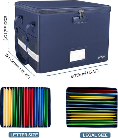 ENGPOW File Box with Lock,Fireproof Document Box with Pockets,Collapsible File Storage Organizer Filing Cabinet with Handle,Portable Home Office Safe for Hanging Letter/Legal Folders,2 Pack(Blue)