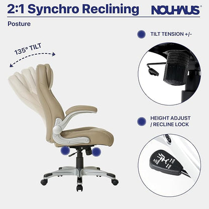 Nouhaus +Posture Ergonomic PU Leather Office Chair. Click5 Lumbar Support with FlipAdjust Armrests. Modern Executive Chair and Computer Desk Chair (Taupe)
