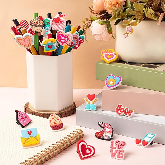 WDAHDHP Valentine's Day Pencil Clips for Kids, 50Pcs Different Pencil Clips Topper, Cute Pencil Charms for Kids Students School Gifts Classroom Rewards