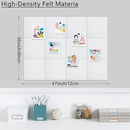 Large Cork Board Alternative for Walls, 47"x35" 12 Pack Felt Wall Tiles Bulletin Board with 30 Push Pins, Sticky Notes, Cork Boards for Office Pin Board Tack Board Felt Boards (White)