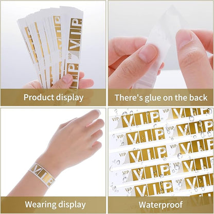 100 Pcs VIP Wristbands for Events Waterproof Paper Bracelets Lightweight Event Wristbands for Party Concert Club Amusement Park Festivals (Gold)
