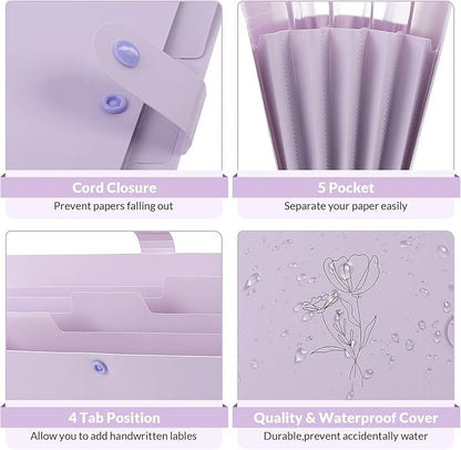 SKYDUE Expanding File Organizer with 5 Pockets, Accordion File Folders with Labels, Portable Document Paper Bill Receipt Organizer, Home College School Office Supplies, Letter Size, Lilac