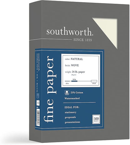 Southworth 404NC 25% Cotton Business Paper Natural 24 lbs. Wove 8-1/2 x 11 500/Box FSC