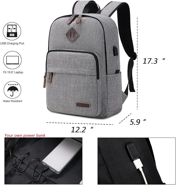 KYALOU Laptop Backpack, Lightweight Bookbag Casual Daypack for Men and Woomen, College with USB Charging Port - Gray