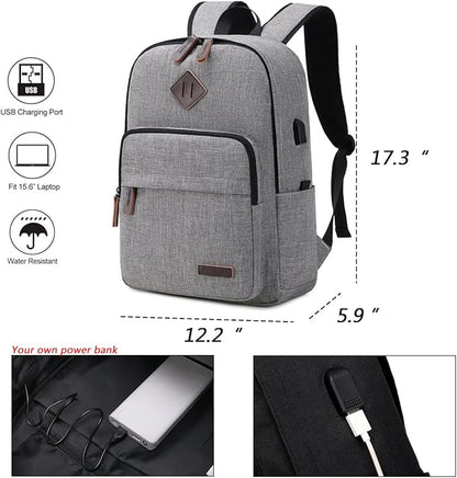 KYALOU Laptop Backpack, Lightweight Bookbag Casual Daypack for Men and Woomen, College with USB Charging Port - Gray