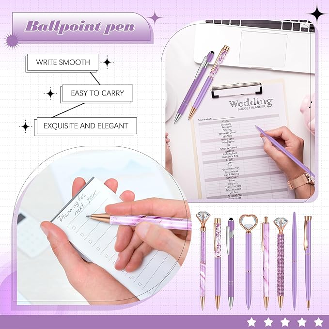 Supervitae 8 Pcs Ballpoint Pen for Women Fancy Gifts for Journaling Liquid Sand Glitter Black Ink Pens Bridal Shower Gifts for Wedding Women Office Desk School Stationery Supplies(Purple)