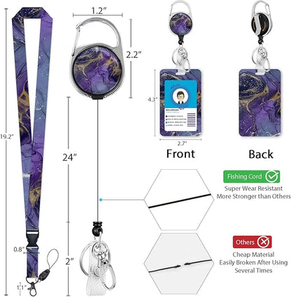 ID Badge Holder with Breakaway Lanyard, Retractable Badge Reel Name Tag, Cute Funny Purple Marble Lanyards for ID Badges Ajustable, Teacher Nurse Work Office Gifts