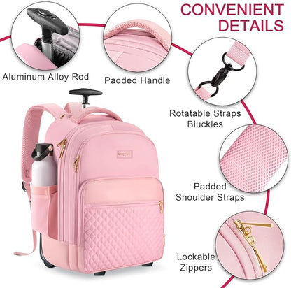 Rolling Backpack Carry On Luggage For Adults With Wheels, 40L Wheeled Backpack For Women, Travel Roller Backpack, Rolling Bag, Pink