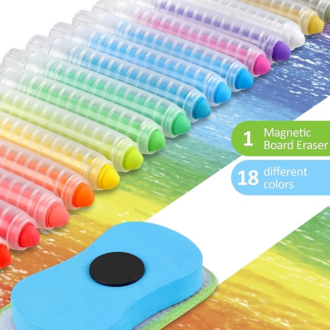 Utron 18 PCS Dustless Chalk for Kids with Pen Sleeve, Chalk for Chalkboard Chalk and Eraser Set, Colored Chalk Board Chalk, Washable Toddler Chalk Non Toxic Chalk for Doodling, Drawing, Writing