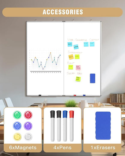 48"X 48" Large Magnetic Dry Erase Whiteboard, Removable Wall Hanging Board with 4 Pens & 1 Dry Erasers & 6 Magnets, Sliver Aluminum Frame White