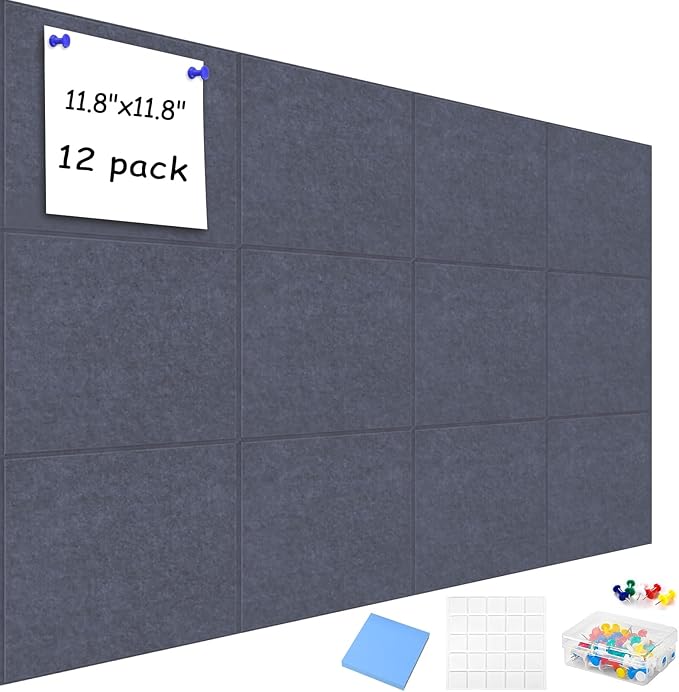 Large Cork Board Alternative for Walls, 47"x35" 12 Pack Felt Wall Tiles Bulletin Board with 30 Push Pins, Sticky Notes, Cork Boards for Office Pin Board Tack Board Felt Boards (Dark Grey)
