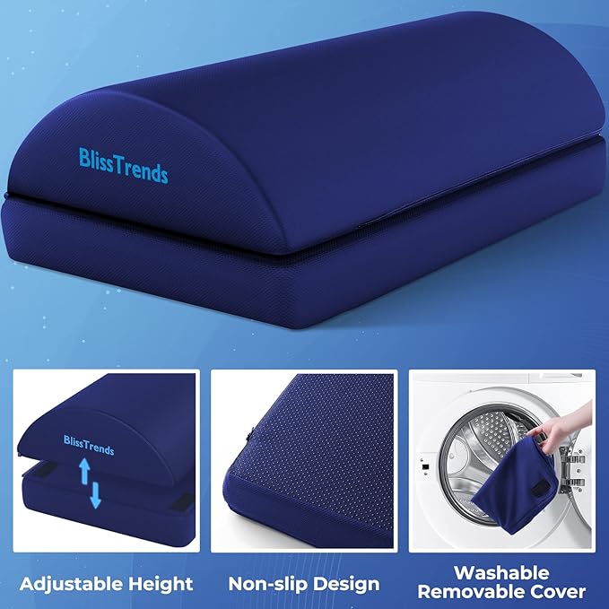 BlissTrends Foot Rest for Under Desk at Work-Versatile Foot Stool with Washable Cover-Comfortable Footrest with 2 Adjustable Heights for Car,Home and Office to Relieve Back,Lumbar,Knee Pain-Blue Long